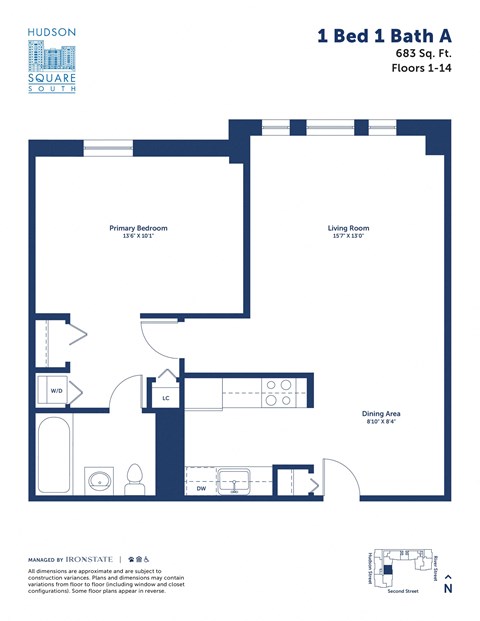 Floor plan for 1 bed, 1 bath, 683 sqft